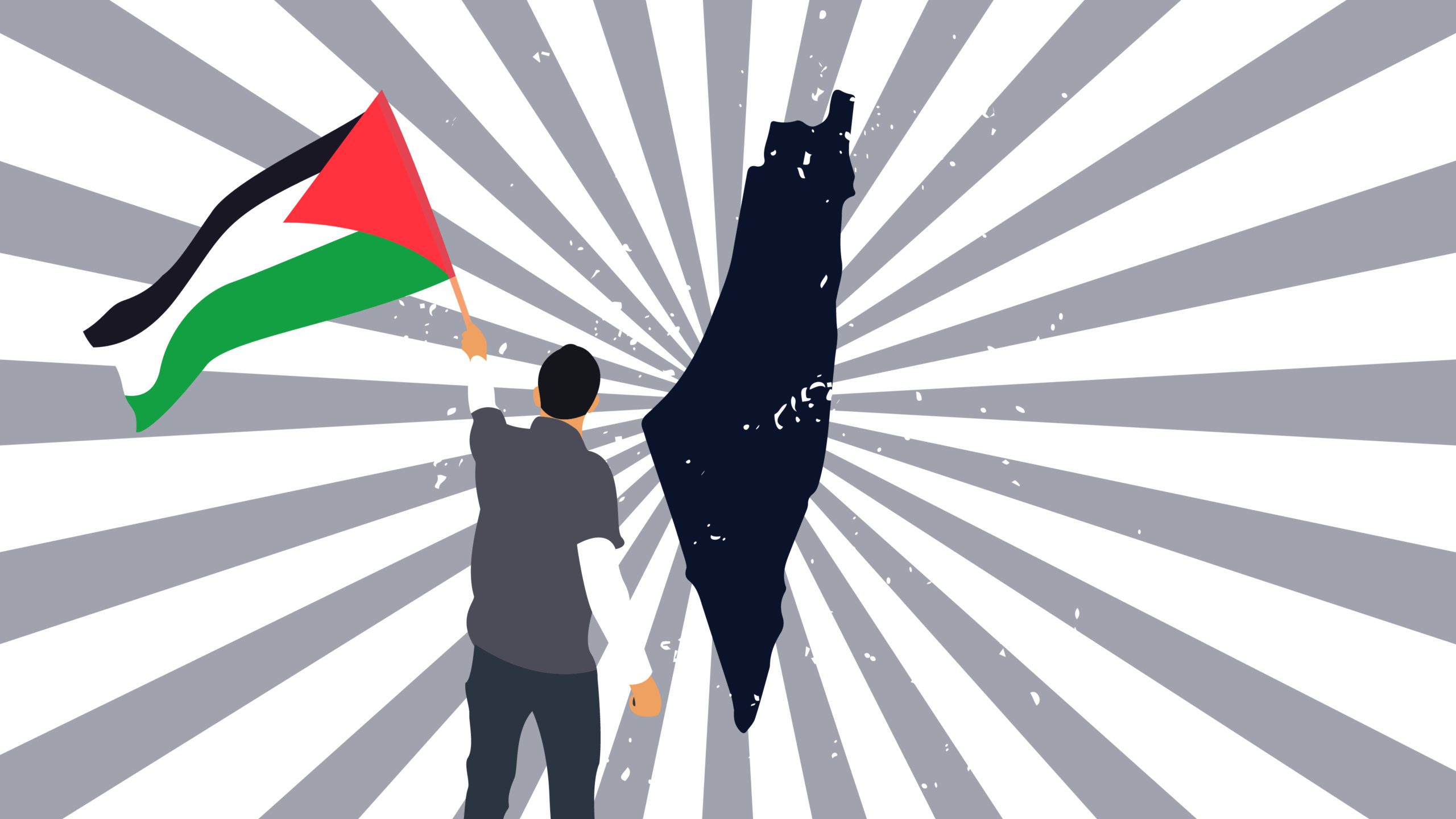 Illustrasjon av en mann med ryggen til som holder det palestinske flagget i venstre hånd