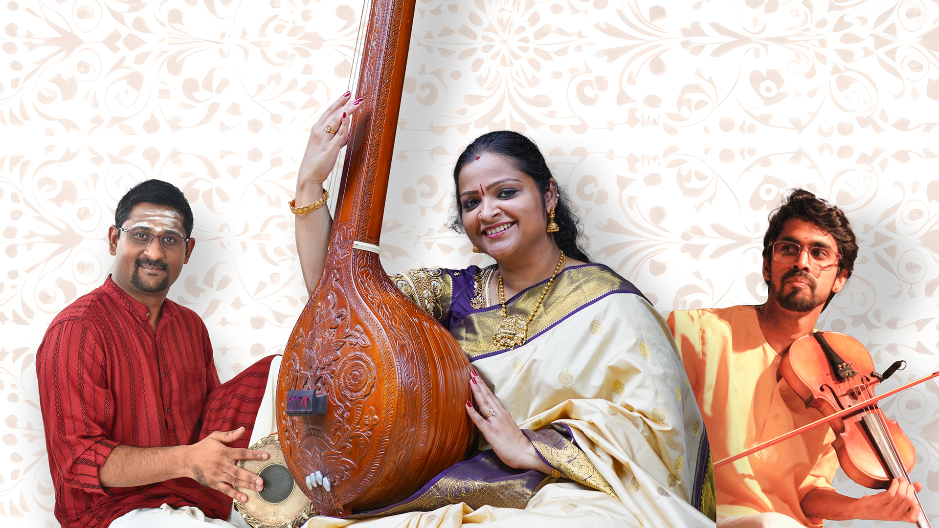 Bildekollasj med musikerne Chandrakaanth Ramamurthy, Uma Ranganathan og Vasudev Ramachandra